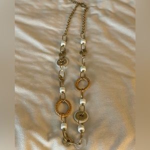 Chico’s long brushed gold, white and tan chain link necklace